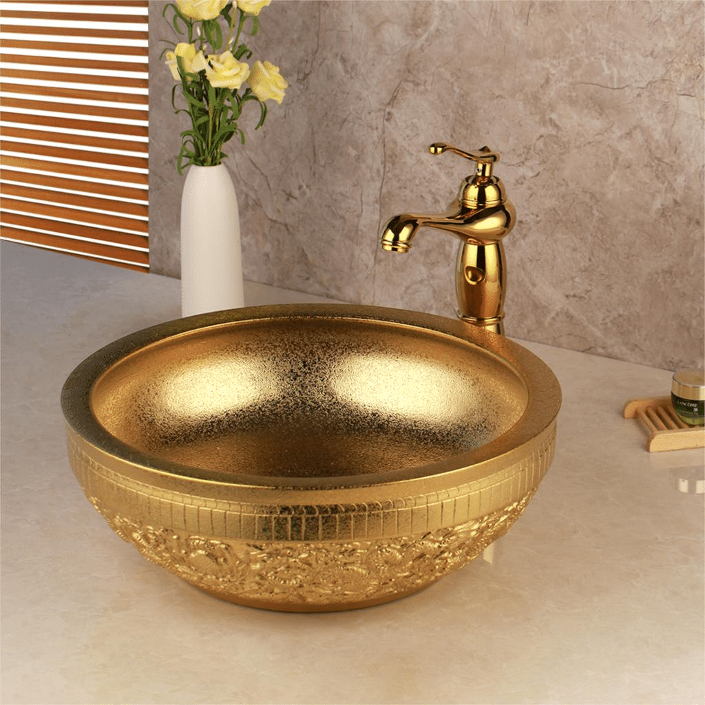 Gold Matte Bathroom Basin With Engravings  -  Gold Bathroom Basins / Sinks