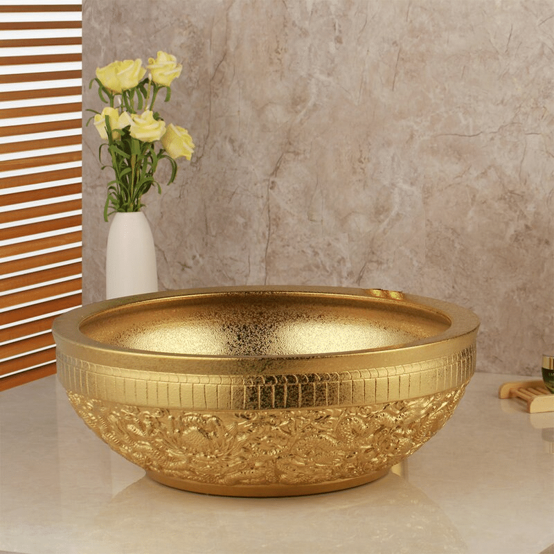 Gold Matte Bathroom Basin With Engravings  -  Gold Bathroom Basins / Sinks