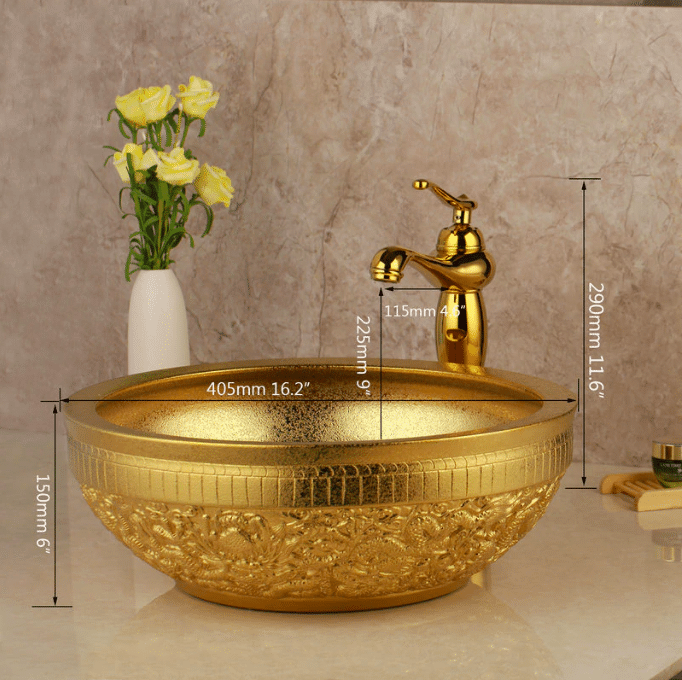 Gold Matte Bathroom Basin With Engravings  -  Gold Bathroom Basins / Sinks