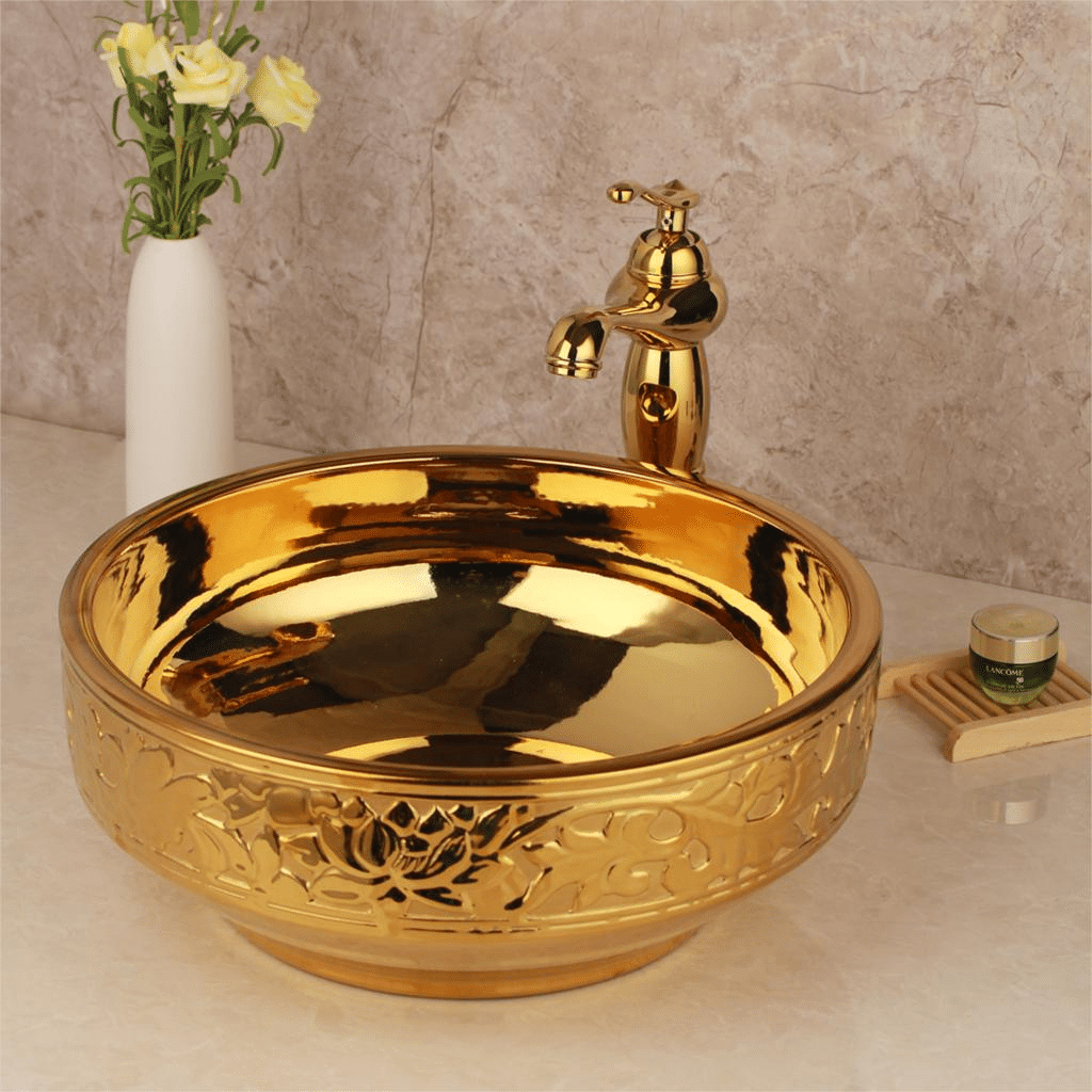 Gold High Polished Bathroom Basin With Engraved Leaves  -  Gold Bathroom Basins / Sinks