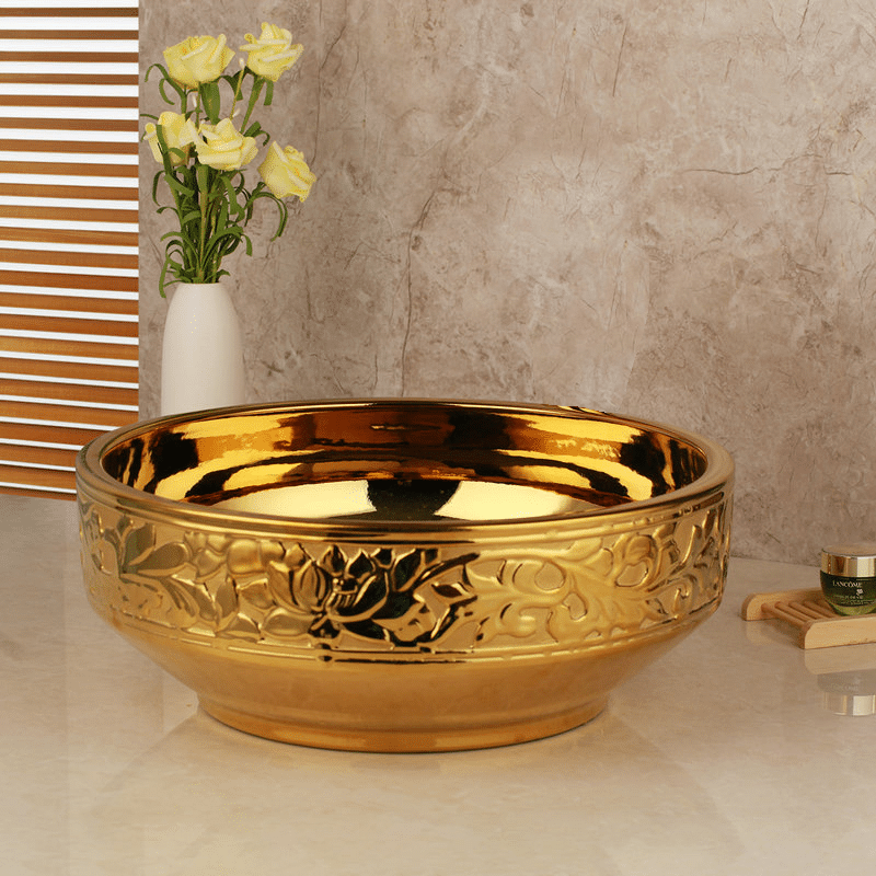 Gold High Polished Bathroom Basin With Engraved Leaves  -  Gold Bathroom Basins / Sinks