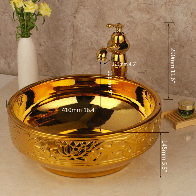 Gold High Polished Bathroom Basin With Engraved Leaves  -  Gold Bathroom Basins / Sinks