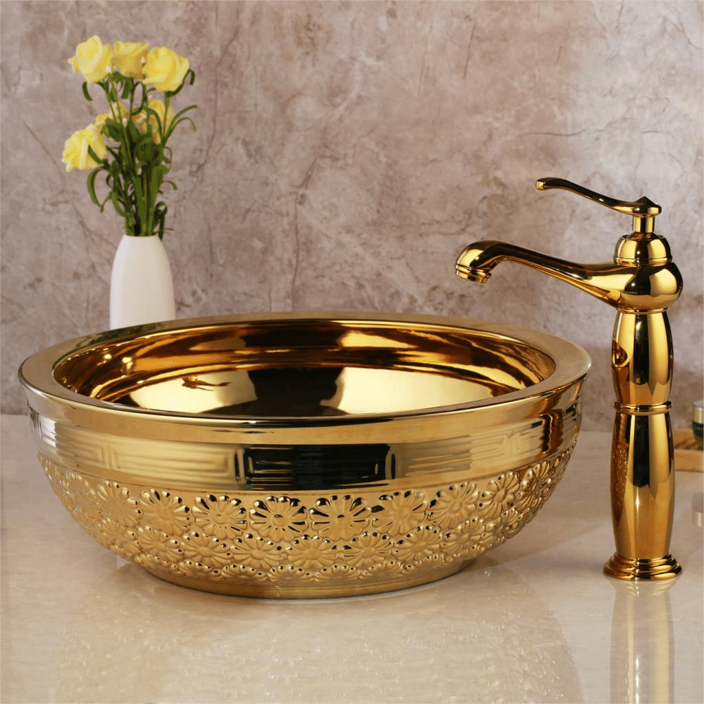 Gold High Polished Bathroom Basin With Flowers  -  Gold Bathroom Basins / Sinks