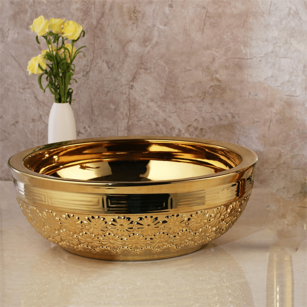 Gold High Polished Bathroom Basin With Flowers  -  Gold Bathroom Basins / Sinks