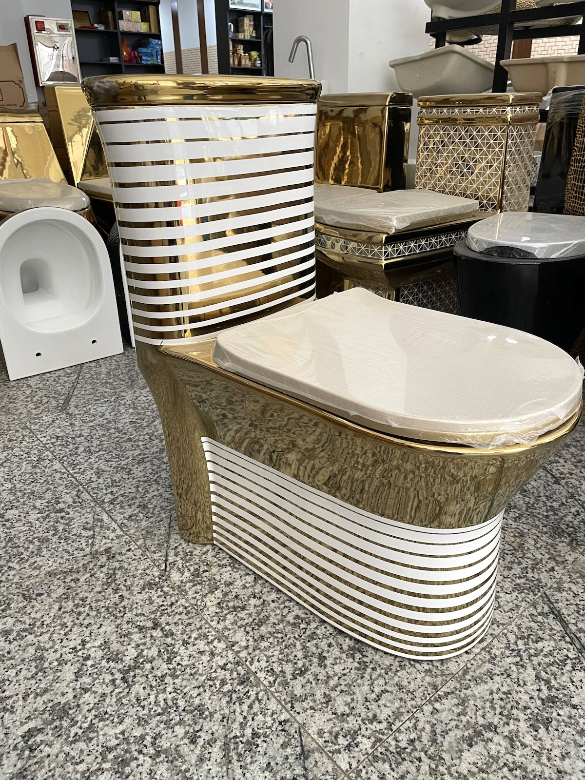 Gold Toilet With Horizontal White Patterns  -  Gold Toilets