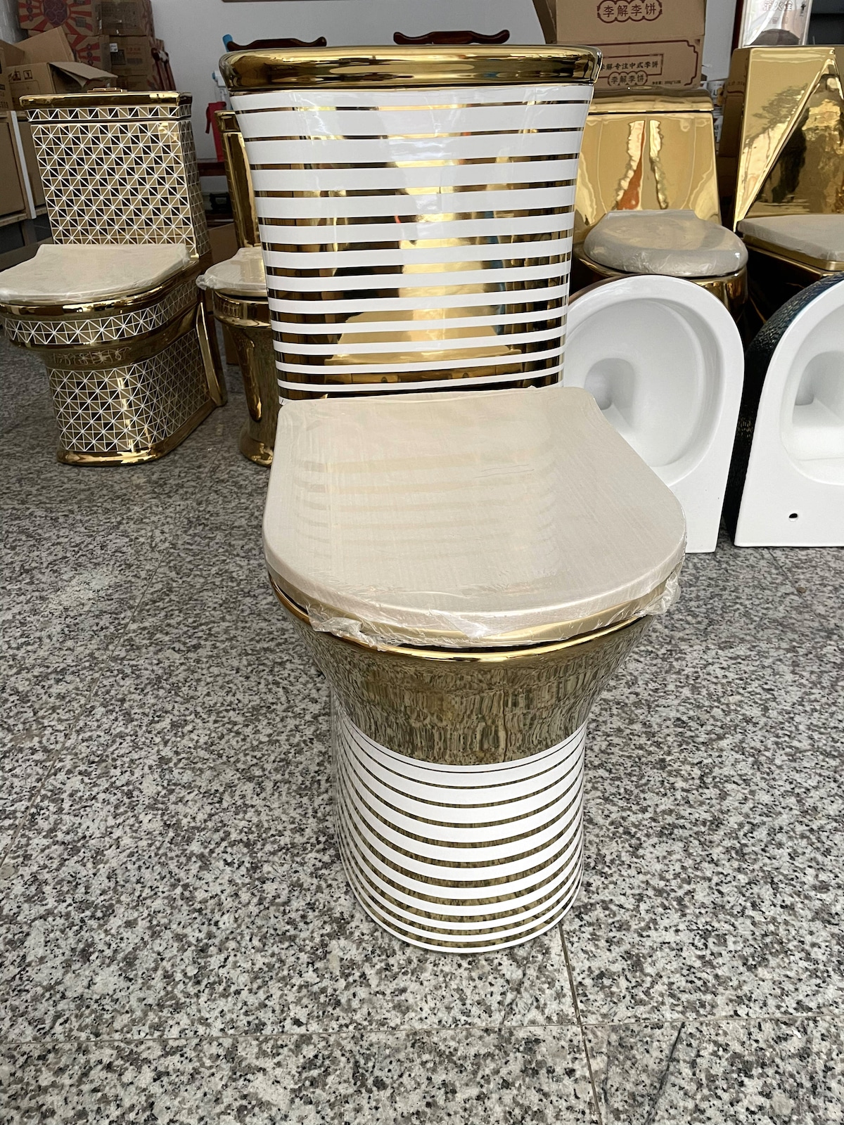 Gold Toilet With Horizontal White Patterns  -  Gold Toilets