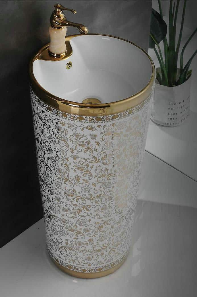 White And Gold Pedestal Basin  -  Gold Bathroom Basins / Sinks