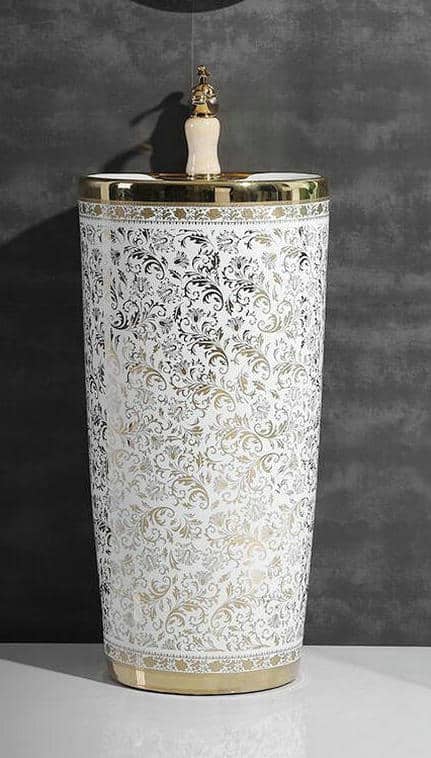 White And Gold Pedestal Basin  -  Gold Bathroom Basins / Sinks
