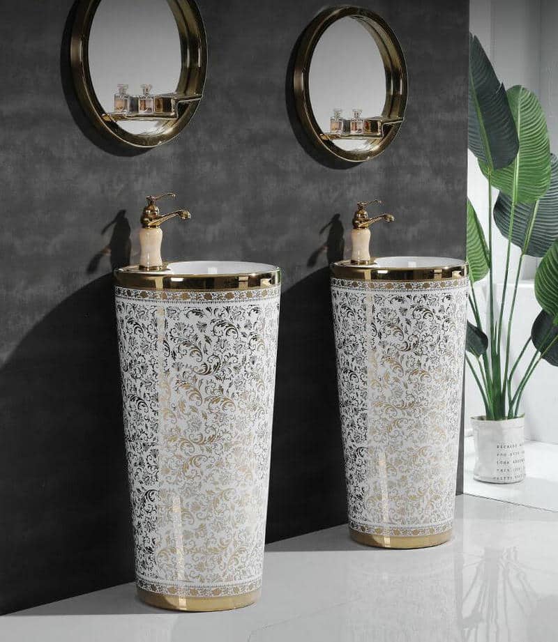 White And Gold Pedestal Basin  -  Gold Bathroom Basins / Sinks