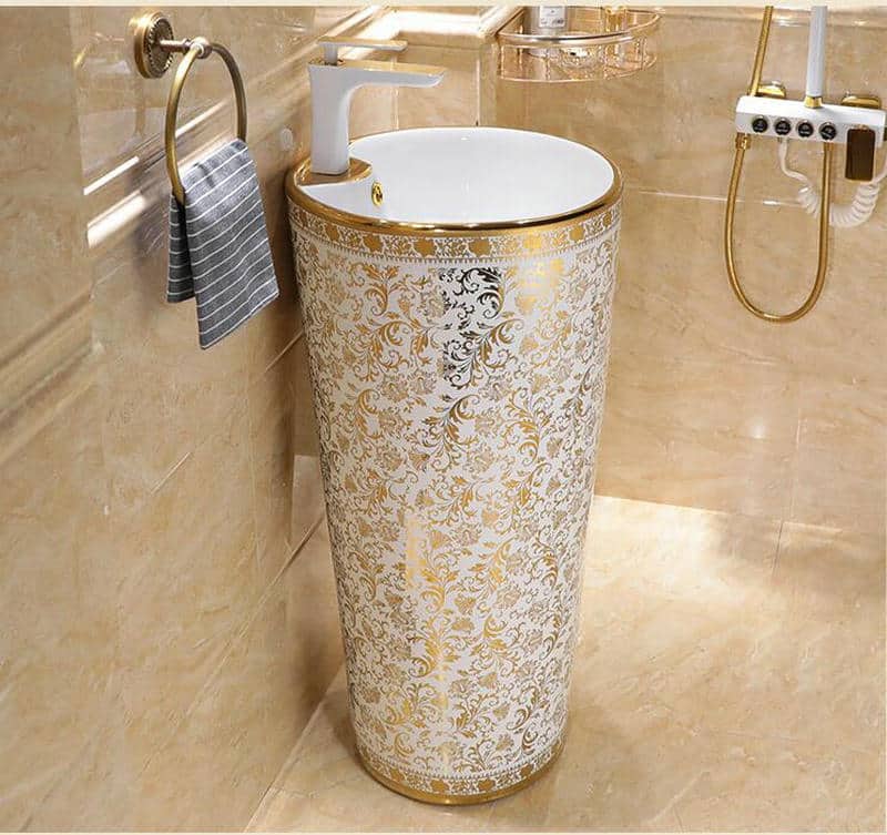 White And Gold Pedestal Basin  -  Gold Bathroom Basins / Sinks