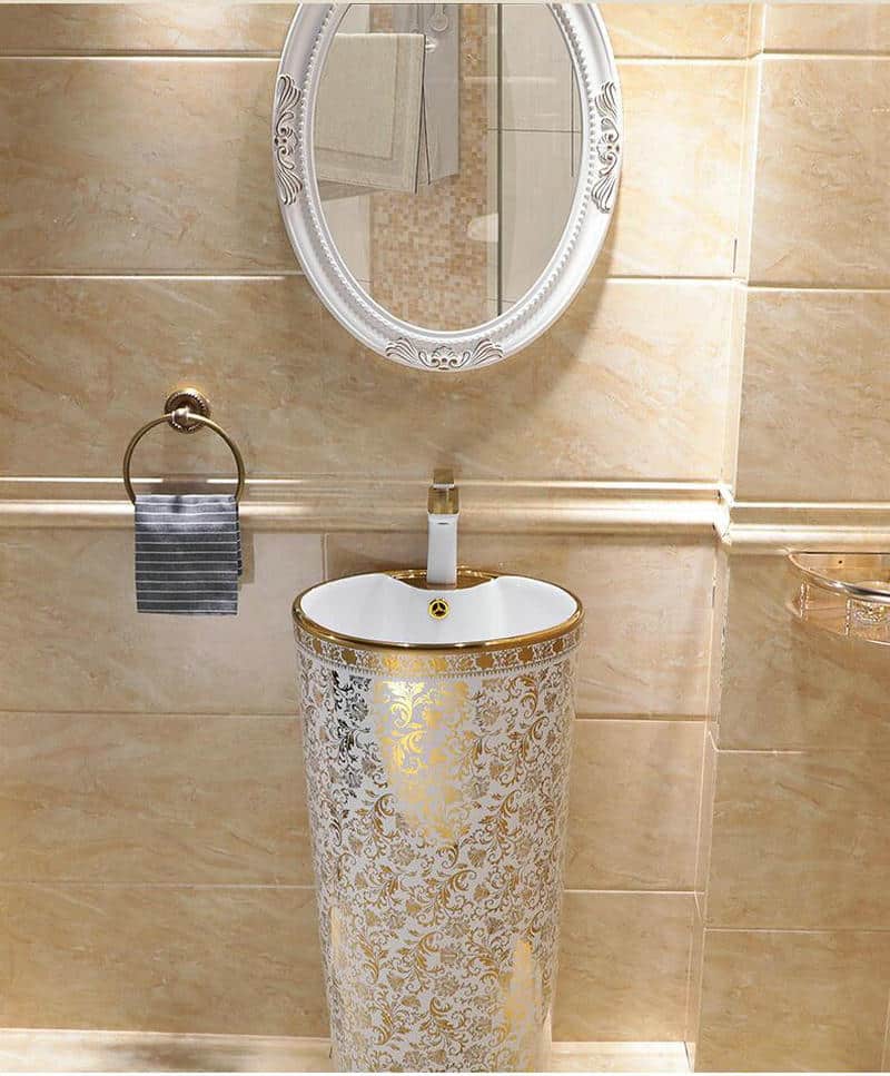 White And Gold Pedestal Basin  -  Gold Bathroom Basins / Sinks