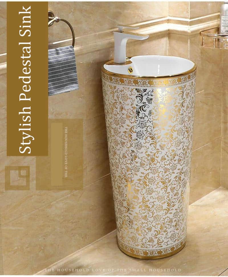 White And Gold Pedestal Basin  -  Gold Bathroom Basins / Sinks