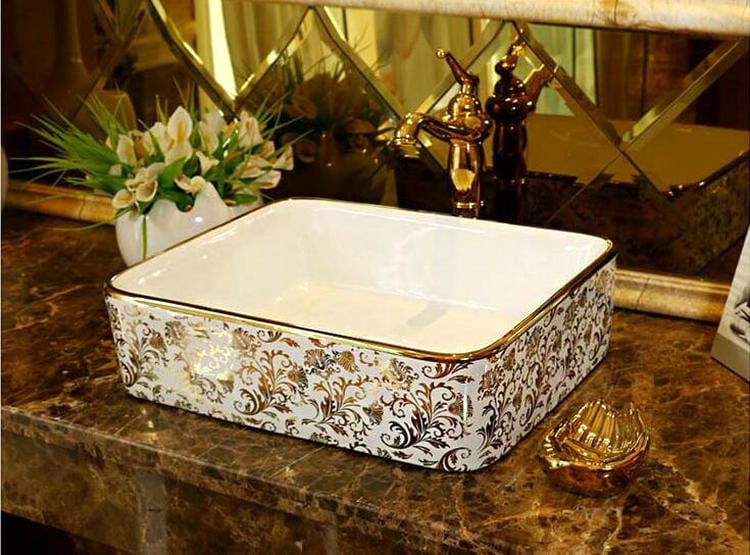 Luxury White & Gold Rectangular Bathroom Basin  -  Gold Bathroom Basins / Sinks