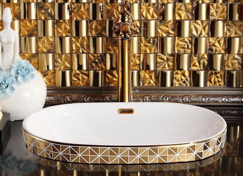 Gold Bathroom Basin With Diamond Pattern, Oval  -  Gold Bathroom Basins / Sinks