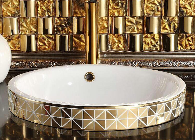 Gold Bathroom Basin With Diamond Pattern, Round  -  Gold Bathroom Basins / Sinks