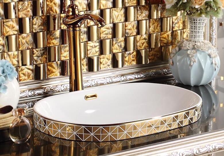 Gold Bathroom Basin With Diamond Pattern, Oval  -  Gold Bathroom Basins / Sinks