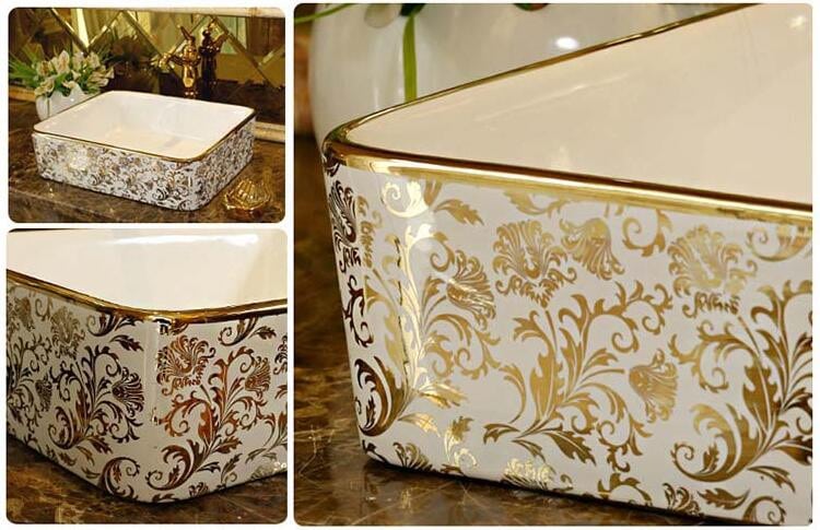 Luxury White & Gold Rectangular Bathroom Basin  -  Gold Bathroom Basins / Sinks