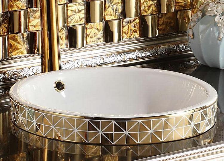 Gold Bathroom Basin With Diamond Pattern, Round  -  Gold Bathroom Basins / Sinks