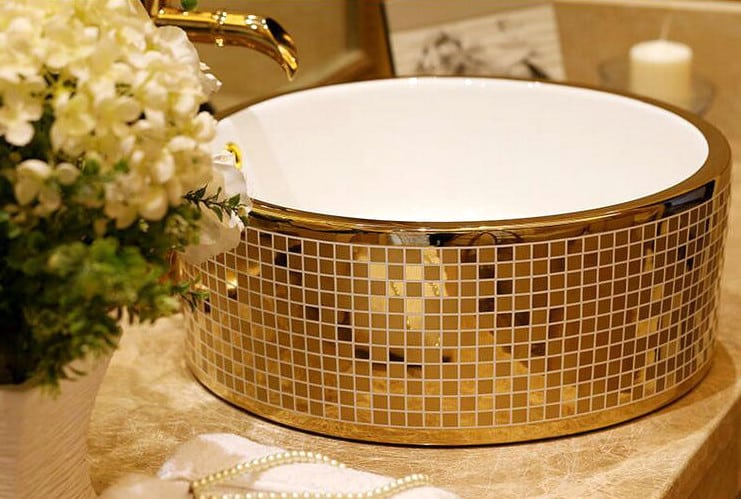 Round Mosaic Gold Bathroom Basin  -  Gold Bathroom Basins / Sinks