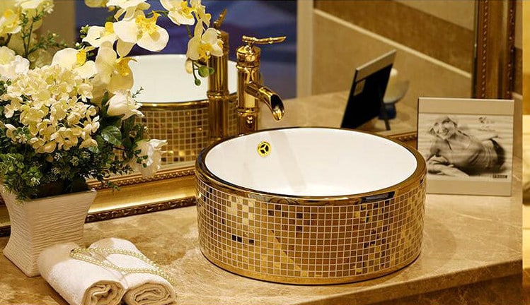 Round Mosaic Gold Bathroom Basin  -  Gold Bathroom Basins / Sinks