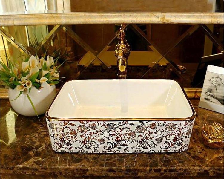 Luxury White & Gold Rectangular Bathroom Basin  -  Gold Bathroom Basins / Sinks