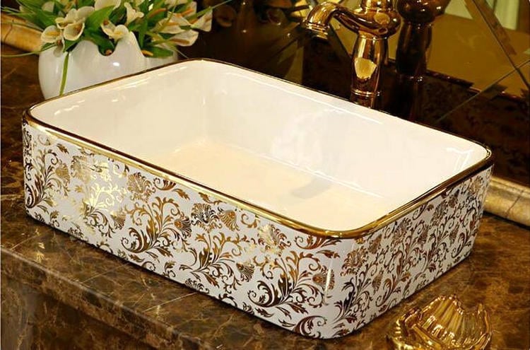 Luxury White & Gold Rectangular Bathroom Basin  -  Gold Bathroom Basins / Sinks