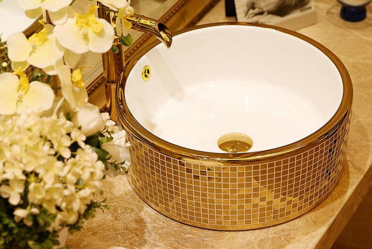 Round Mosaic Gold Bathroom Basin  -  Gold Bathroom Basins / Sinks