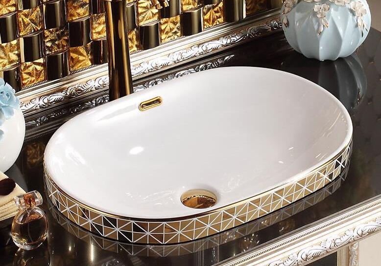 Gold Bathroom Basin With Diamond Pattern, Oval  -  Gold Bathroom Basins / Sinks