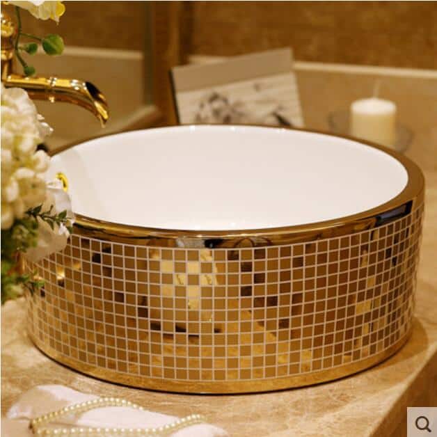 Round Mosaic Gold Bathroom Basin  -  Gold Bathroom Basins / Sinks