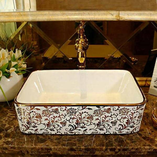 Luxury White & Gold Rectangular Bathroom Basin  -  Gold Bathroom Basins / Sinks