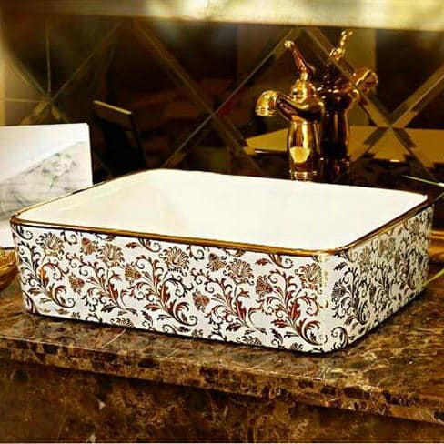 Luxury White & Gold Rectangular Bathroom Basin  -  Gold Bathroom Basins / Sinks