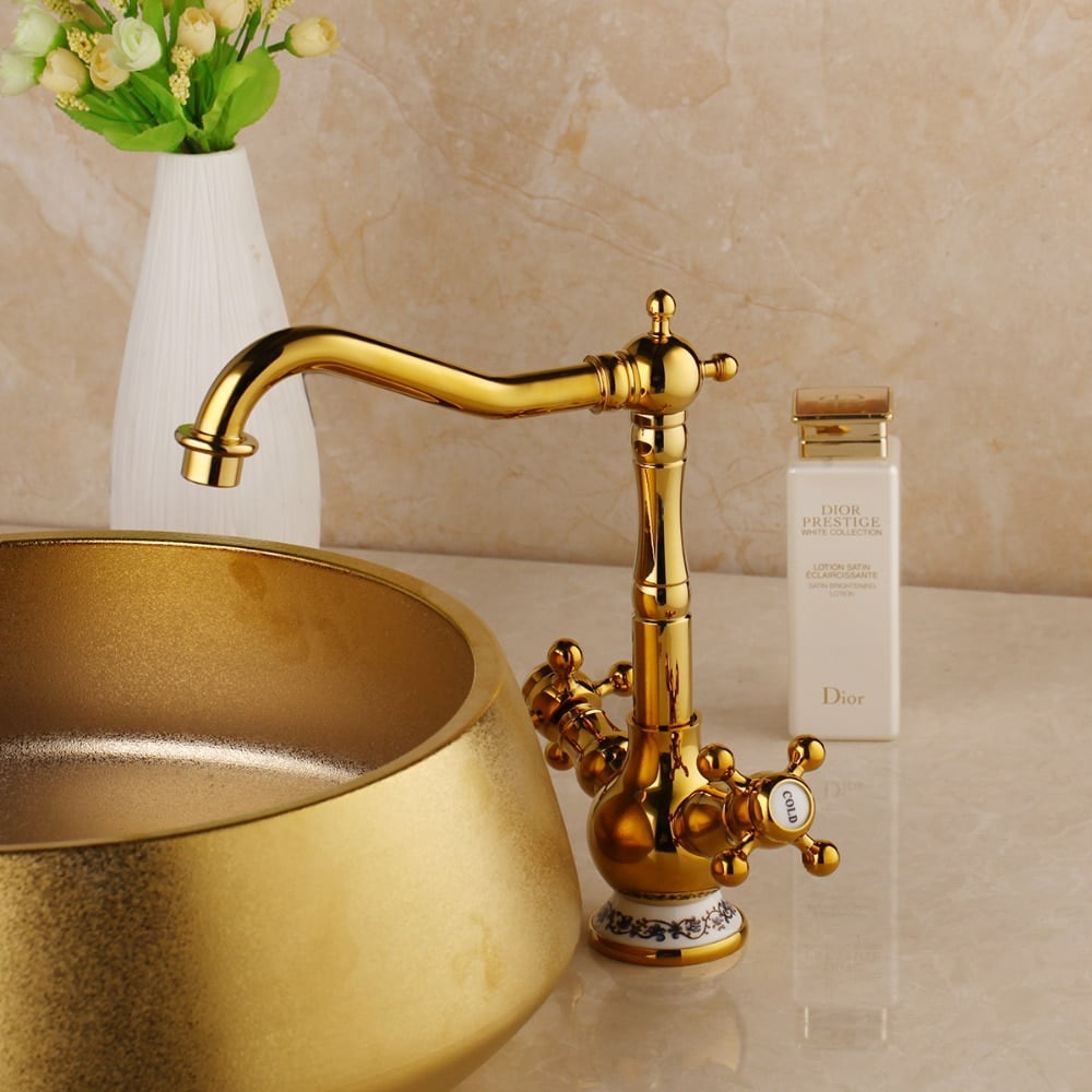 Vintage Gold Bathroom Dual Handle Faucet  -  Gold Water Taps & Faucets
