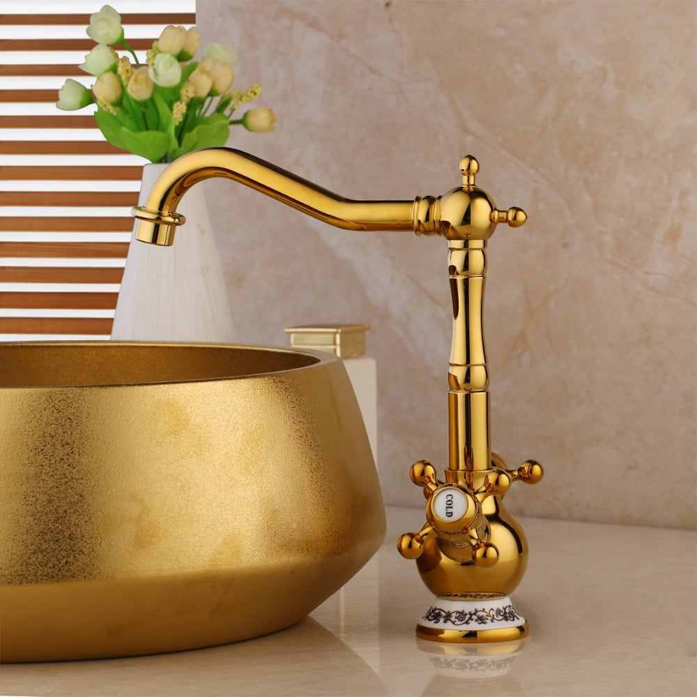 Vintage Gold Bathroom Dual Handle Faucet  -  Gold Water Taps & Faucets