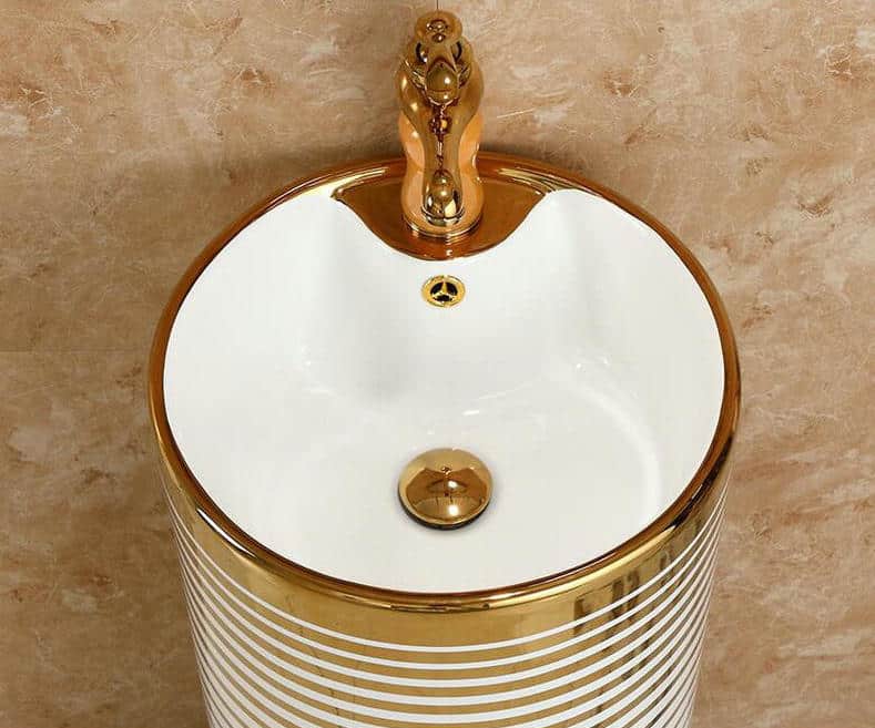 Pedestal Basin With Horizontal White-Gold Patterns  -  Gold Bathroom Basins / Sinks