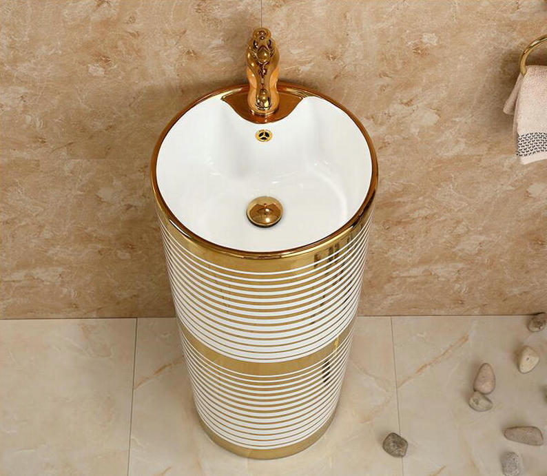 Pedestal Basin With Horizontal White-Gold Patterns  -  Gold Bathroom Basins / Sinks