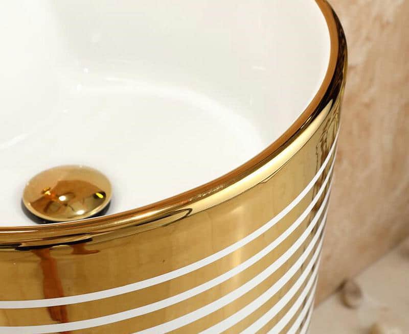 Pedestal Basin With Horizontal White-Gold Patterns  -  Gold Bathroom Basins / Sinks