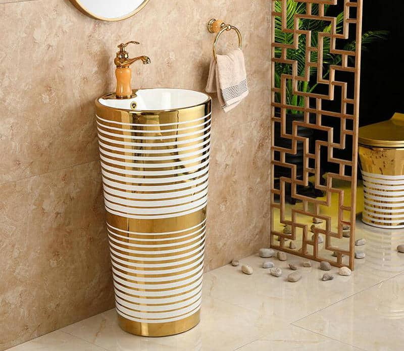 Pedestal Basin With Horizontal White-Gold Patterns  -  Gold Bathroom Basins / Sinks
