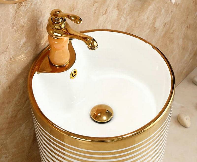 Pedestal Basin With Horizontal White-Gold Patterns  -  Gold Bathroom Basins / Sinks