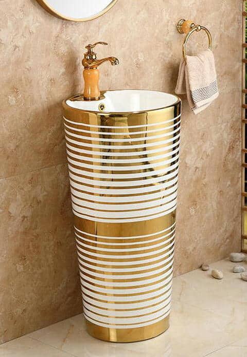 Pedestal Basin With Horizontal White-Gold Patterns  -  Gold Bathroom Basins / Sinks
