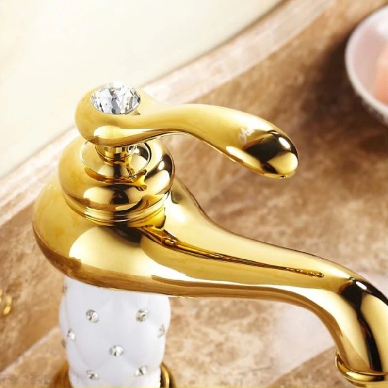 Gold & White Bathroom Basin Faucet With Diamonds  -  Gold Water Taps & Faucets