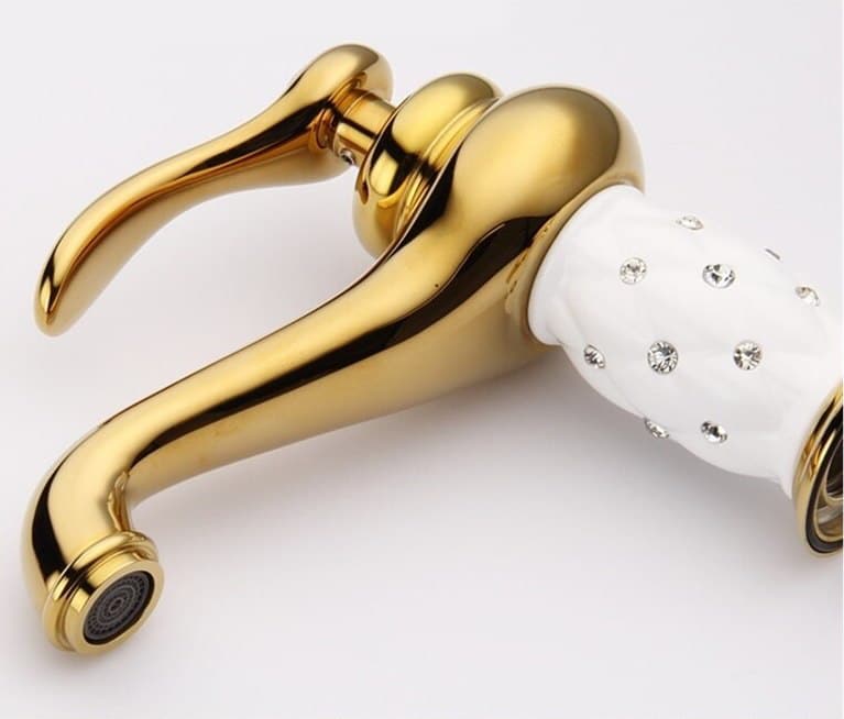 Gold & White Bathroom Basin Faucet With Diamonds  -  Gold Water Taps & Faucets