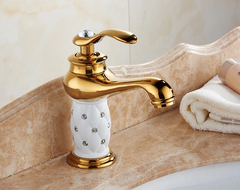 Gold & White Bathroom Basin Faucet With Diamonds  -  Gold Water Taps & Faucets