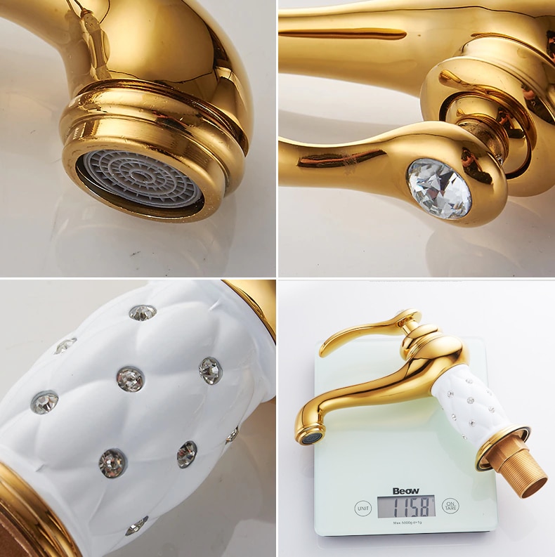 Gold & White Bathroom Basin Faucet With Diamonds  -  Gold Water Taps & Faucets