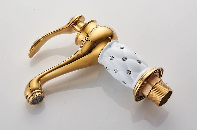 Gold & White Bathroom Basin Faucet With Diamonds  -  Gold Water Taps & Faucets