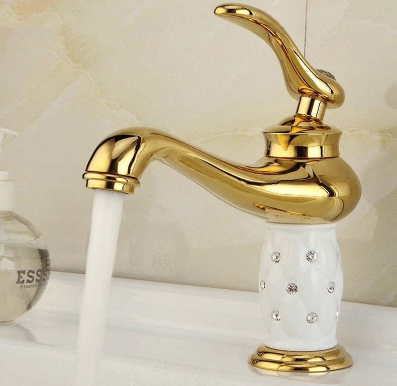 Gold & White Bathroom Basin Faucet With Diamonds  -  Gold Water Taps & Faucets