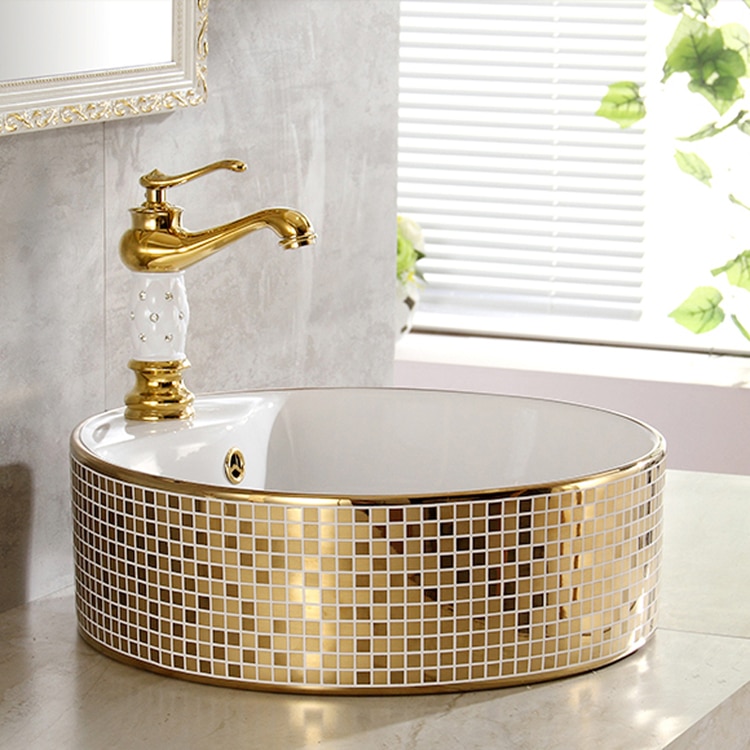 Luxury Mosaic Gold Round Bathroom Basin  -  Gold Bathroom Basins / Sinks