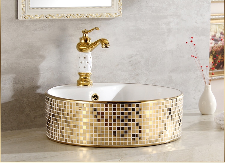 Luxury Mosaic Gold Round Bathroom Basin  -  Gold Bathroom Basins / Sinks