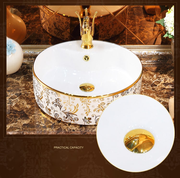 Luxury White & Gold Round Bathroom Basin  -  Gold Bathroom Basins / Sinks