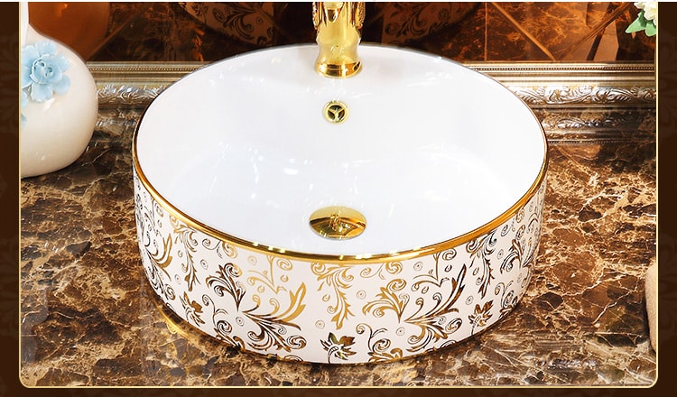 Luxury White & Gold Round Bathroom Basin  -  Gold Bathroom Basins / Sinks