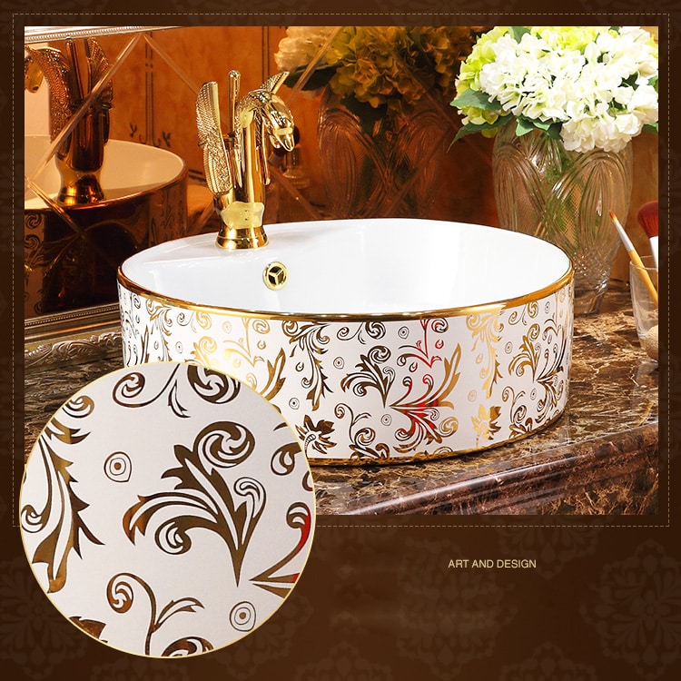 Luxury White & Gold Round Bathroom Basin  -  Gold Bathroom Basins / Sinks